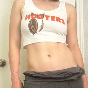 white hooters cropped fitted mini tank
